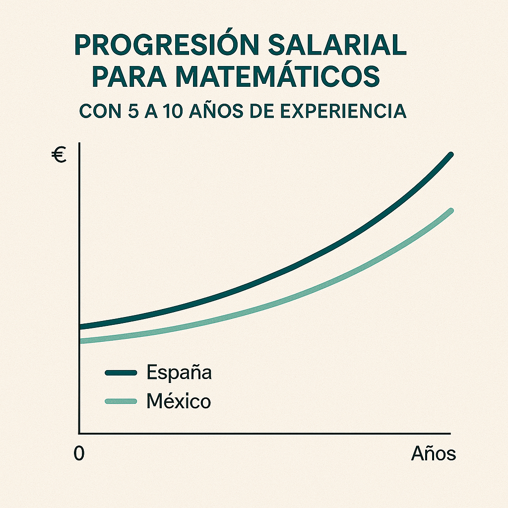Gráfico de la evolución salarial para matemáticos a 5-10 años en España y México.