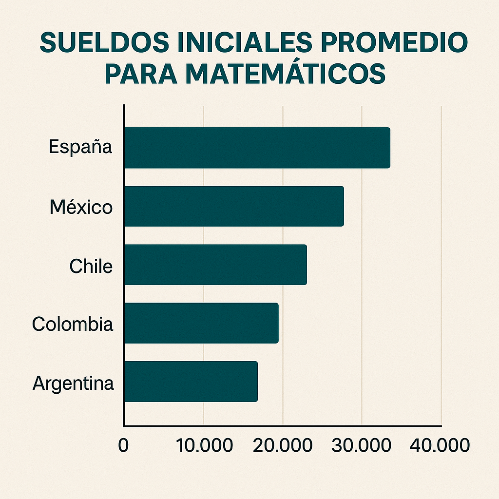 Gráfico de salarios iniciales para matemáticos en España, México y otros países.
