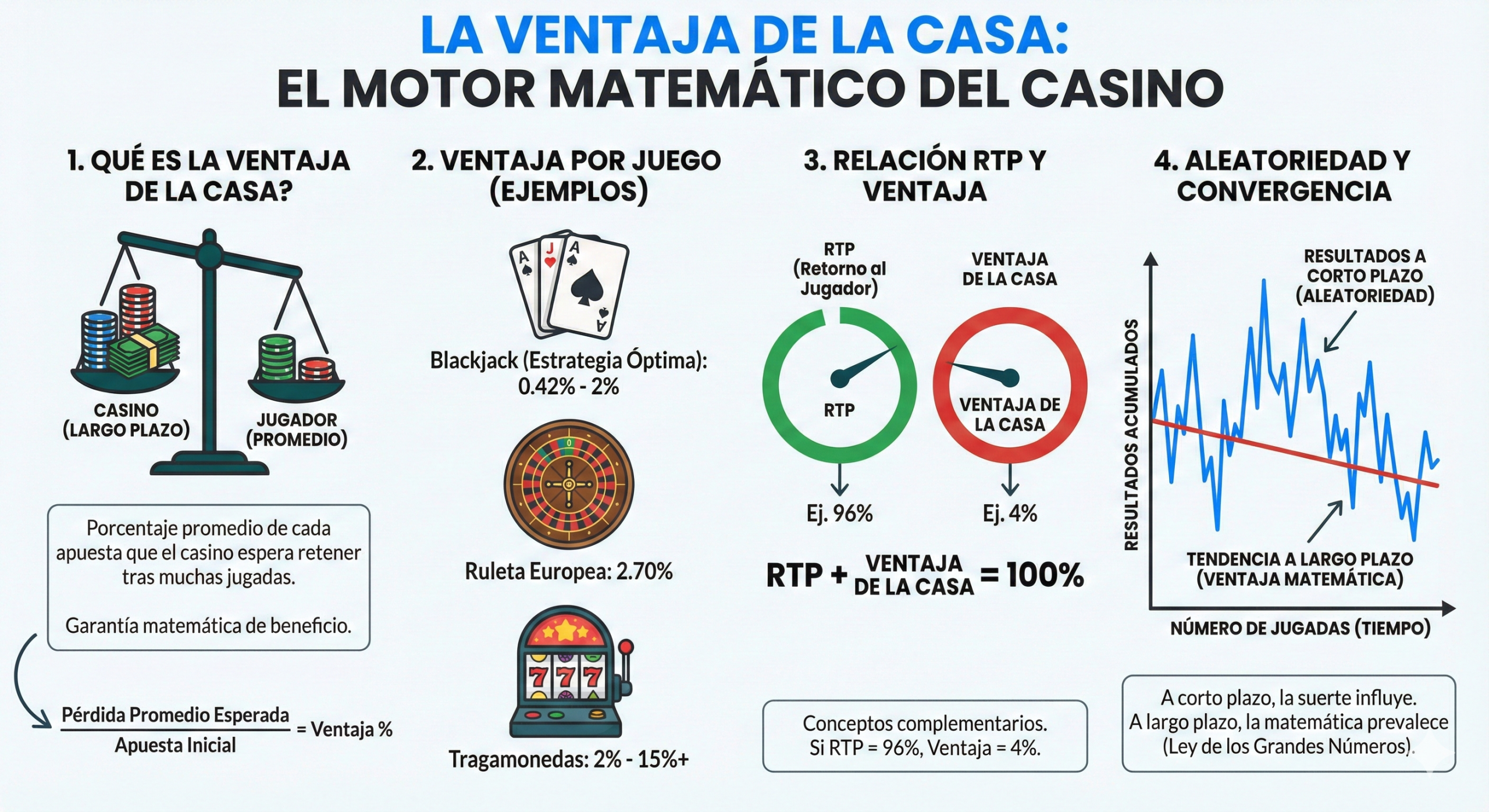 Infografía sobre la ventaja de la casa en el casino: definición, ejemplos, relación con RTP y aleatoriedad