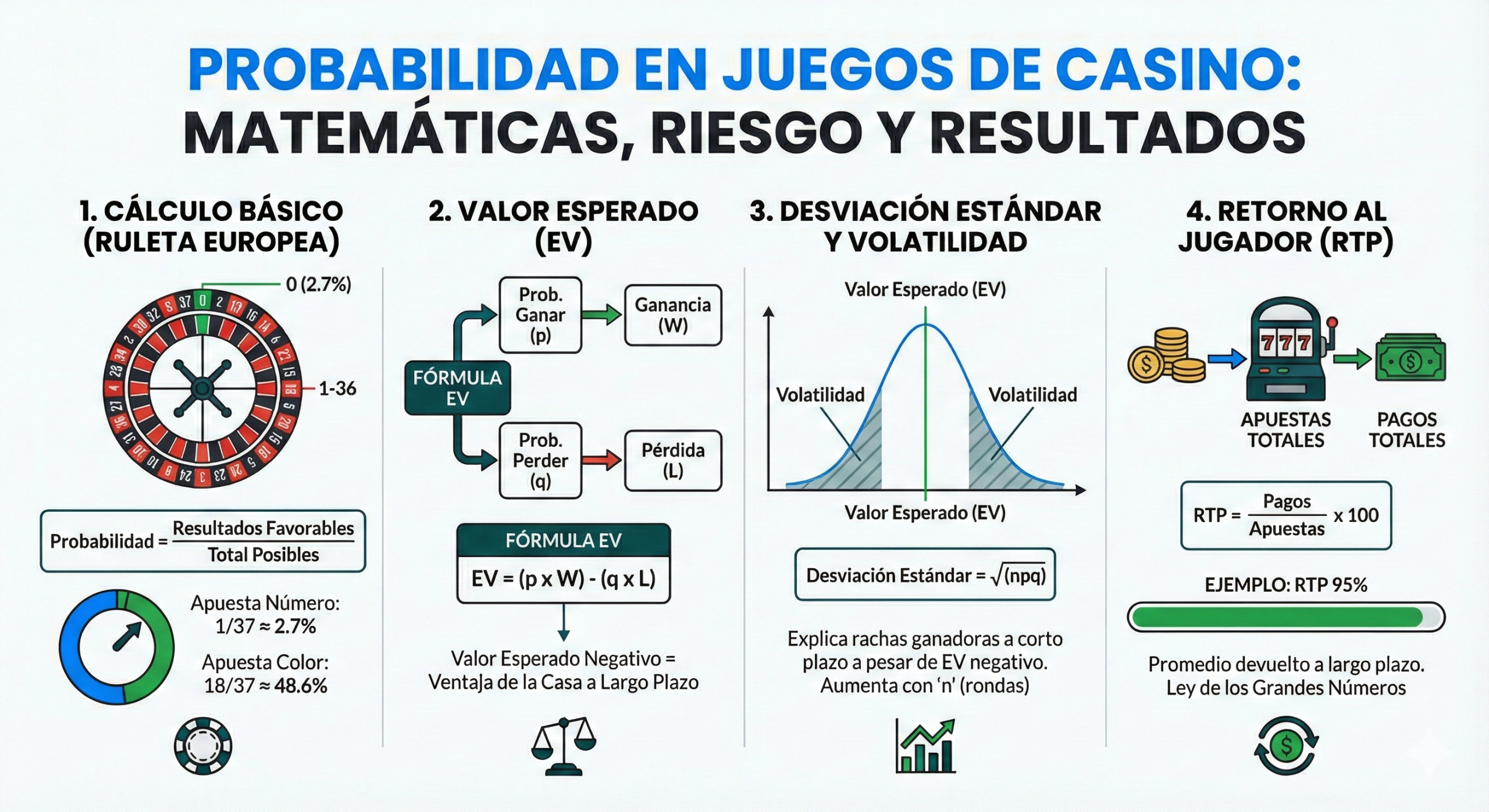 Resumen visual de matemáticas, riesgo y resultados en juegos de casino.